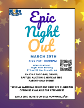 Kids' Corner's Epic Night Out Fundraiser. March 29th, 7pm-10pm. Night Shift Brewing in Everett. Tickets on sale now until 3/22. Tickets: linktr.ee/kidscornerwinchester.org